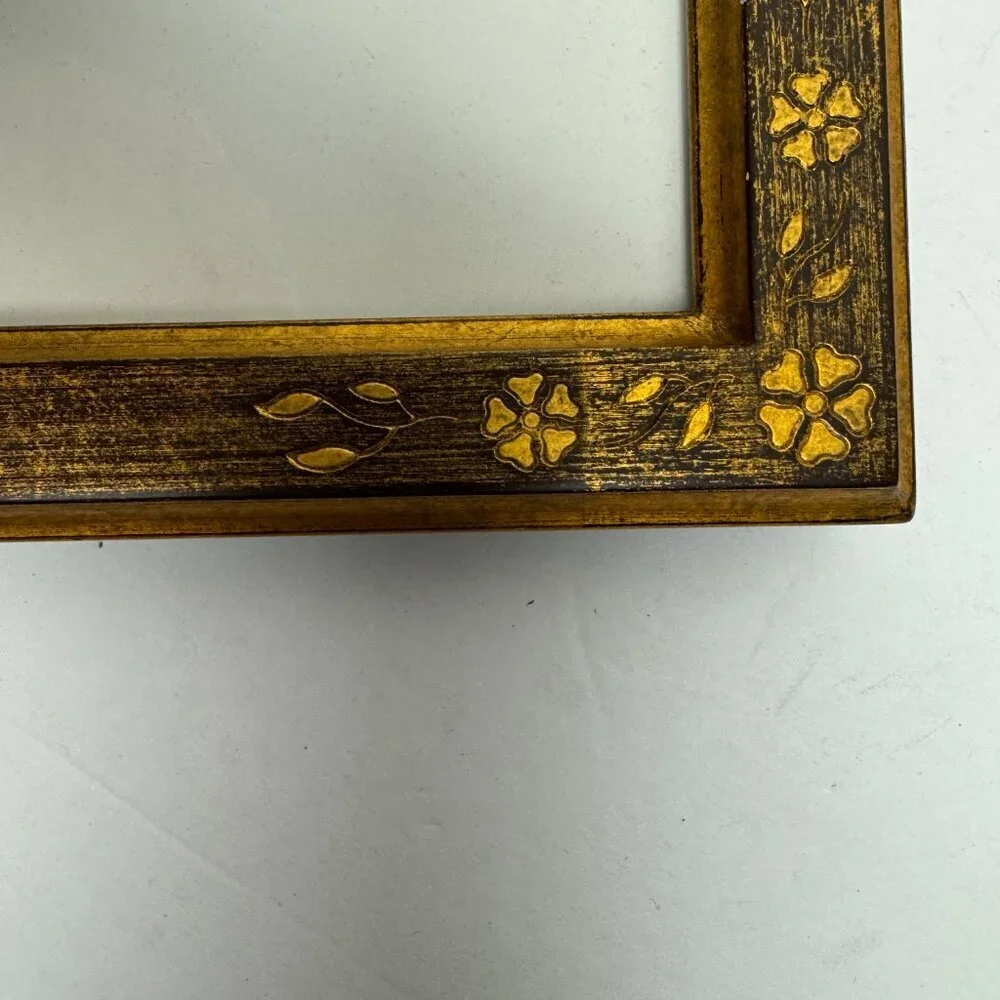 Vintage Wooden Picture Frame Flowers Gold Patina
